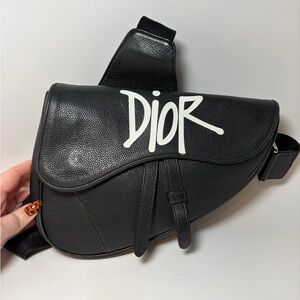Dior x Shawn Studsy Black Leather Saddle Bag/BumBag Crossbody Graffiti